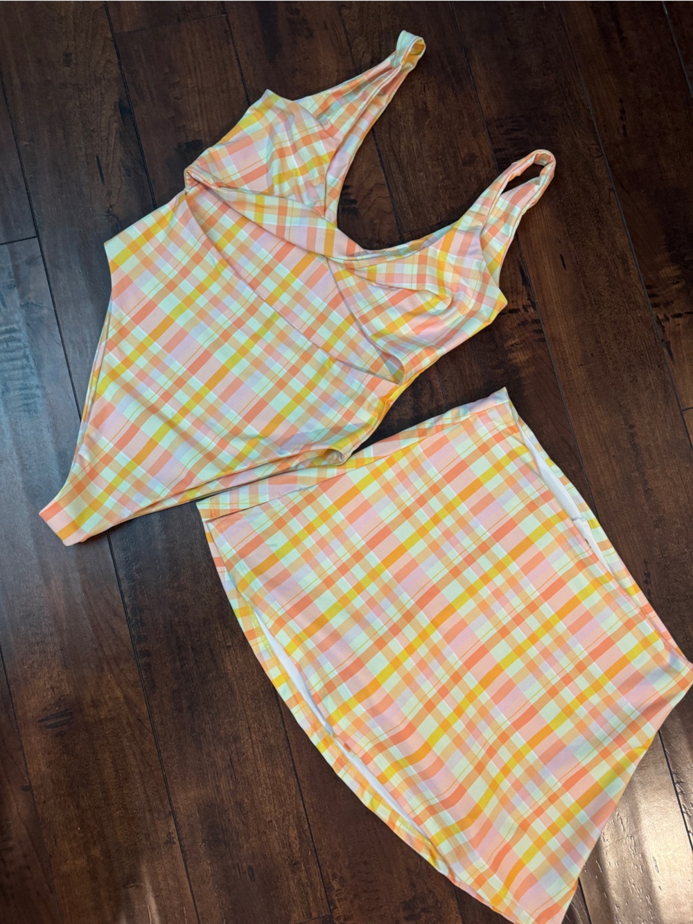 Skatie Plaid One-Piece Swimsuit in Peach, Yellow, White
